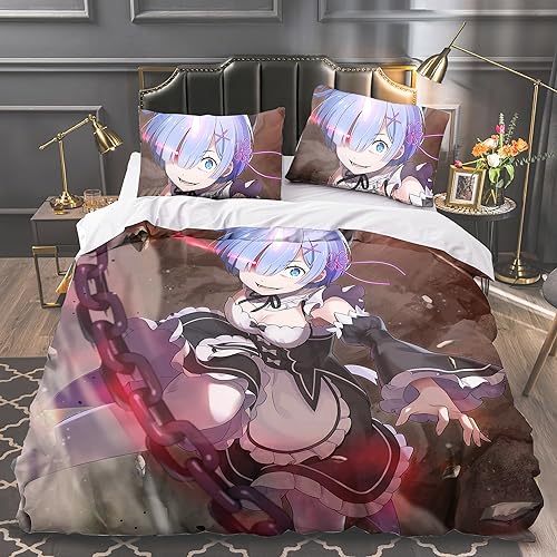 Xinchangda Re:0 Rem 3-teiliges Bettwäsche-Set, Anime-Remu/Emilia, Einzelbett, Doppelbett, Kingsize-Bett, 2 Kissenbezüge, 1 Bettbezug von Xinchangda