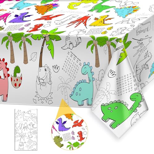 Xinfin Papier-Tischdecke zum Ausmalen, Ausmaltischdecke für Kinder, Motiv-Dino für den Kindertisch, Tischdecke für Kindergeburtstag, Kreative Kinderbeschäftigung, 137x274 (Dino) von Xinfin