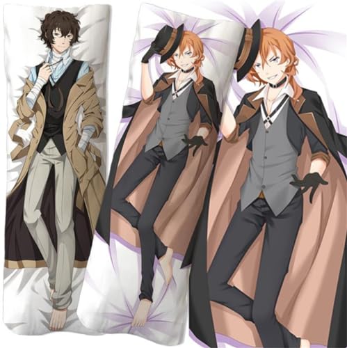 Xingbiyou Seitenschläfer Kissenbezug Bungo Stray Dogs Dazai Osamu Nakahara Chuuya Cosplay Atmungsaktiver Kissenbezug Pfirsichhaut Velour mit Reißverschluss (A, 160x50cm) von Xingbiyou