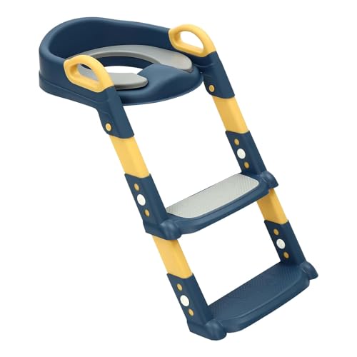 2 IN 1 Kinder Toilettensitz mit Treppe, Faltbar & Höhenverstellbar, WC Sitz mit Weichem Kissen & Rutschfester Fußstütze, Für 2–7 Jahre, Passend für V/U/O-Toiletten (Blau) von Xingfx