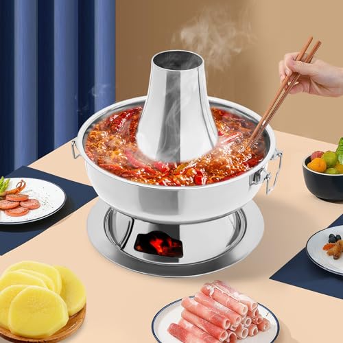 Chinesischer Holzkohle-Hotpot, Vintage-Edelstahl-Hotpot mit Schornstein, Chinesischer Herd Traditioneller Eintopf Suppentopf Fleischfondue Lammkocher, 2,3L, Silber von Xingfx