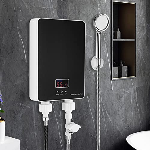 Durchlauferhitzer Dusche 6000 W Mini Küche Instant Warmwasserspeicher 230 V Dusche Tankless Warmwasserbereiter mit LED-Anzeige für Küche, Bad, Dusche, 28 x 19 x 6,5cm, Schwarz von Xingfx
