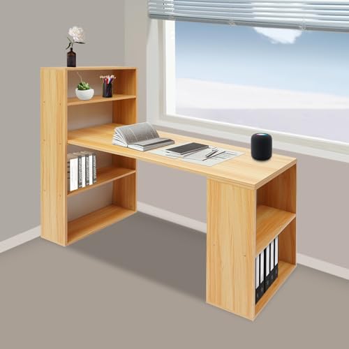 Xingfx L-förmiger Schreibtisch Mit Stauraum Computertisch Links Oder Rechts Montierbar Geeignet Für Büro Arbeitszimmer Wohnzimmer 4 Ablagen 2 Fächern Dichte Platte 131 * 56.5 * 10 cm (Holzfarbe) von Xingfx