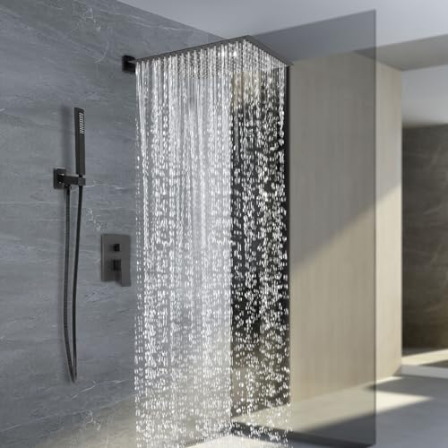 Regendusche Unterputz Duscharmatur Komplettset Wand Duschsystem inkl. 40 x 40 cm Große Quadratisch Kopfbrause, Handbrause, 360° Verstellbare Brausehalter, Schwarz von Xingfx