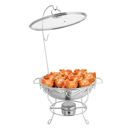 Runder Speisewärmer 6L Edelstahl Warmhaltebehälter Mit Glasdeckel & 2 Tabletts, Chafing Dish Mit Brenner Für Buffet Party Hotel Gastronomie Zuhause (Silber) von Xingfx