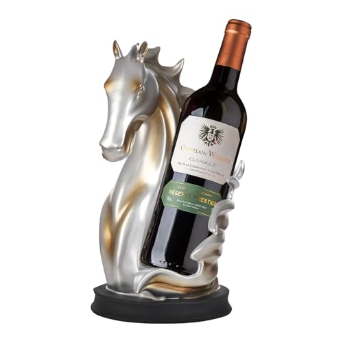 Xingfx Pferd Statue Weinregal, Weinflaschenhalter Kunstharz Weinregal Tischdeko Pferdekopf Weinständer, für Wohnzimmer/Küche/Bar Hält Flaschen bis zu 7,2 cm (Silber+Gold) von Xingfx