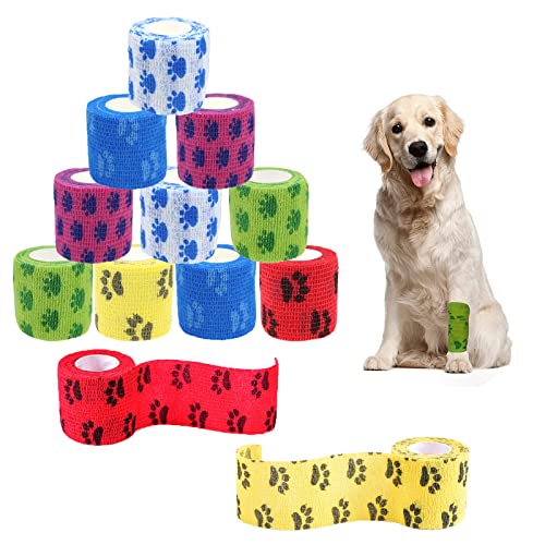 Xinlie 12 Rollen Selbstklebende Bandage für Haustiere Fixierbinde Selbsthaftend Elastisch Pet Vet Wrap Multifunktion Kohäsive Bandage für Katze,Handgelenk,Knöchelverstauchungen Hundepfoten 5cm x4,5 m von Xinlie