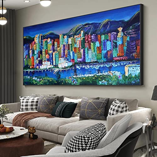 Abstrakte Wandkunst auf Leinwand, Vancouver, Landschaft, Leinwand, Gemälde, Heimdekoration, Wandkunst, Bilder für Wohnzimmer, Schlafzimmer, 70 x 140 cm (28 x 55 Zoll) mit Rahmen von Xinmei Art