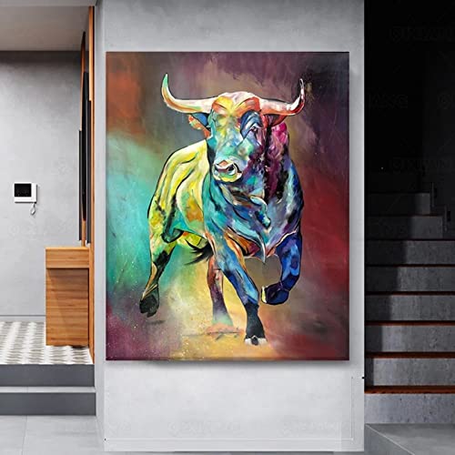 Abstrakter bunter Stier auf Leinwand, moderne Tierdrucke und Poster, Graffiti-Kunst, Wandkunst, Bild, Wohnzimmerdekoration, 51 x 64 cm, mit Rahmen von Xinmei Art