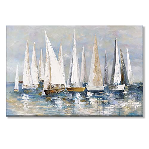 Abstraktes Segelboot-Leinwandgemälde, moderne Fahrt im Wind und Wellen, Meereslandschaft, Druckposter, Wandkunst, Dekoration, Bild, 50 x 75 cm (20 x 30 Zoll) mit Rahmen von Xinmei Art