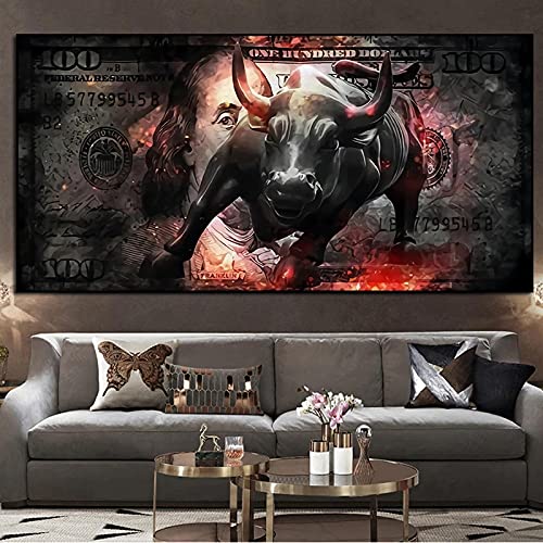 Aufladen Bull Art Wall Street Leinwand Malerei 100 Dollar Bull Statue Bild Büro Wohnkultur Motivational Poster Drucke 50x100cm (20x39in) Ungerahmt von Xinmei Art