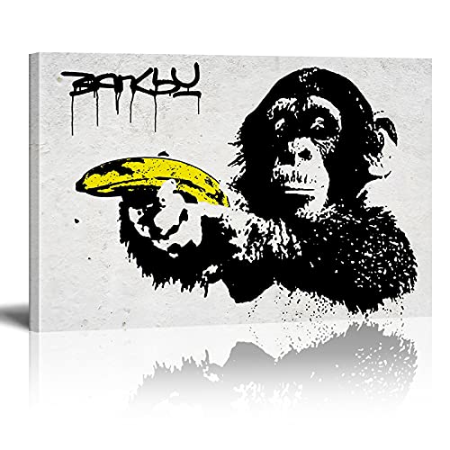 Banksy Bilder auf Leinwand AFFE mit Bananen Pistole Graffiti Street Art Wand Bild Pop Art Gemälde Kunstdruck Modern Wandbilder XXL Wanddekoration Mit Rahmen 120x80cm von Xinmei Art