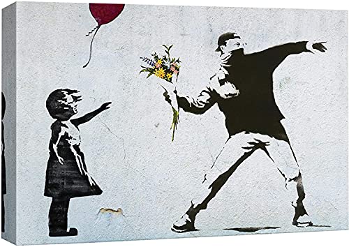 Banksy Bilder auf Leinwand Balloon Girl Rage Flower Thrower Graffiti Street Art Wand Bild Pop Art Gemälde Kunstdruck Modern Wandbilder XXL Wanddekoration (Mit Rahmen, 120x80cm) von Xinmei Art