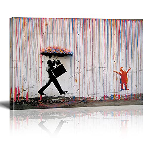 Banksy Bilder auf Leinwand Colorful Rain Graffiti Street Art Wand Bild Pop Art Gemälde Kunstdruck Modern Wandbilder XXL Wanddekoration Mit Rahmen 60x40cm von Xinmei Art