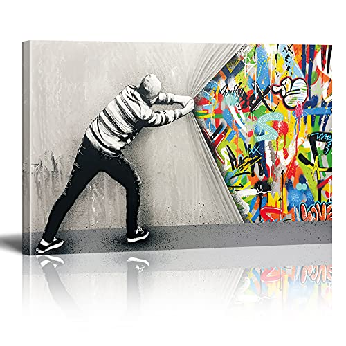 Banksy Bilder auf Leinwand Hinter dem Vorhang Graffiti Street Art Wand Bild Pop Art Gemälde Kunstdruck Modern Wandbilder XXL Wanddekoration (Mit Rahmen, 120x80cm) von Tokiso