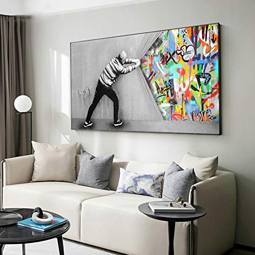 Banksy Graffiti-Kunst hinter dem Vorhang Malerei auf Leinwand Poster und Drucke Street Wall Art Bild für Wohnzimmerdekor 75x145cm (30x57in) mit Rahmen von Xinmei Art