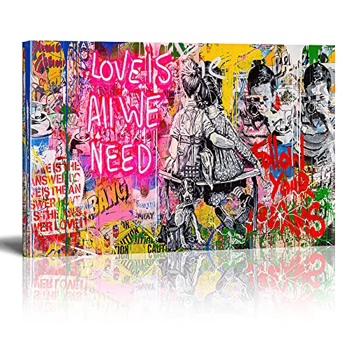 Banksy Kunst auf Leinwand Bild Love is All We Need Graffiti Street Art Wand Bild Pop Art Gemälde Kunstdruck Modern Wandbilder XXL Wanddekoration (Mit Rahmen, 120x80cm) von Xinmei Art