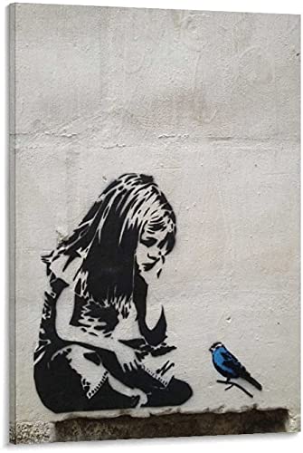 Bild auf Leinwand Banksy Graffiti Art Girl with Blue Bird Bilder Street Pop Art Gemälde Kunstdruck Modern Wandbilder XXL Wanddekoration (Mit Rahmen, 50x30cm) von Xinmei Art