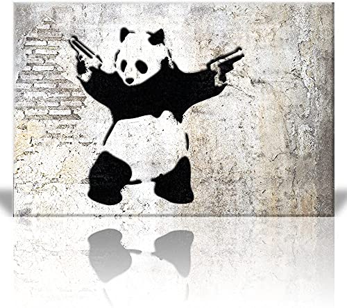 Druck auf leinwand Bilder Banksy Graffiti Panda mit Handfeuerwaffen Wand Bild Street Pop Art Gemälde Kunstdruck Modern Wandbilder XXL Wanddekoration Mit Rahmen 50x30cm von Xinmei Art