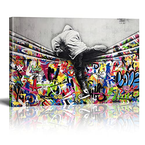 Druck auf leinwand Bilder Banksy New World Graffiti Wand Bild Street Pop Art Gemälde Kunstdruck Modern Wandbilder XXL Wanddekoration Mit Rahmen 120x80cm von Xinmei Art