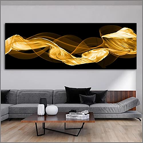 Gerahmter Kunstdruck auf Leinwand, Wandkunst, Poster, abstrakte Malerei, goldenes Band, Bilder, Wandkunst für Wohnzimmer, moderne Wohnkultur, 60 x 160 cm (24 x 63 Zoll) mit Rahmen von Xinmei Art