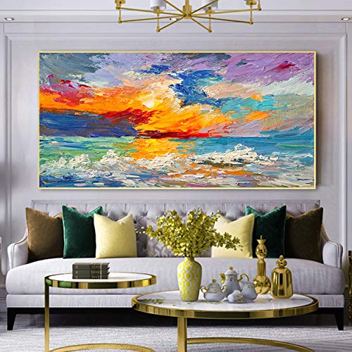 Goldene gerahmte Wandkunst, bunte abstrakte Kunst, Wolken, Meer, Sonnenuntergang, Malerei, Wandkunst, Bilder für Wohnzimmer, Poster und Drucke, 85 x 170 cm (33 x 67 Zoll) von Xinmei Art