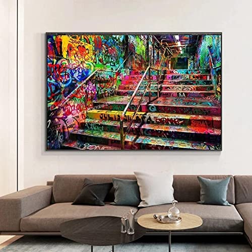 Graffiti-Leinwandgrafik Street Art Malerei Abstrakte Wandkunst Moderne abstrakte Graffiti-Leinwandwandkunst Wohnzimmer Wohnkultur 90 x 140 cm (35 x 55 Zoll) mit Rahmen von Xinmei Art