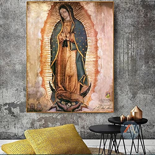 Jungfrau Maria von Guadalupe Ölgemälde Bild modernes abstraktes Kunstwerk Poster Leinwanddruck Wandkunst Wandbild für Wohnkultur 90 x 123 cm mit Rahmen von Xinmei Art