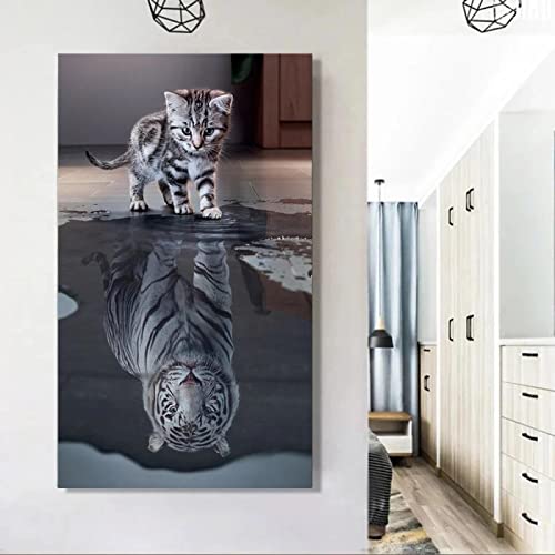 Kreative Malerei Kunst Süße Katze Spiegelung Tiger Im Wasser Poster Drucke Leinwand Malerei Wandbilder Heimdekoration Malerei 30x55cm(12x22in) mit Rahmen von Xinmei Art