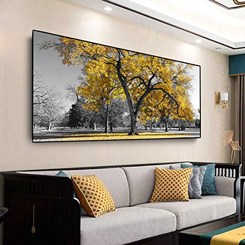 Landschaft Gelb Großer Baum Leinwand Gemälde Wandkunst Rahmen – Poster und Drucke Wandkunst Bilder für Wohnzimmer Wohnkultur 80x170cm(32x67in) mit Rahmen von Xinmei Art