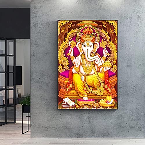 Leinwanddruck Golden Lord Ganesha Leinwand Poster und Drucke Leinwandmalerei Indien Religion Wandkunst Bilder für Wohnzimmer 40x70cm (16x28in) Innenrahmen von Xinmei Art