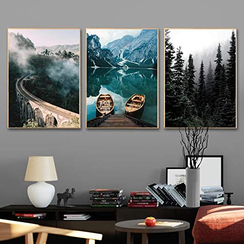 Leinwanddruck Misty Forest Lake Boat Geometrische abstrakte Natur Landschaft Bild Poster Nordische Malerei Wohnzimmer Dekor 40x50cm (16x20in) x3 Ungerahmt von Xinmei Art