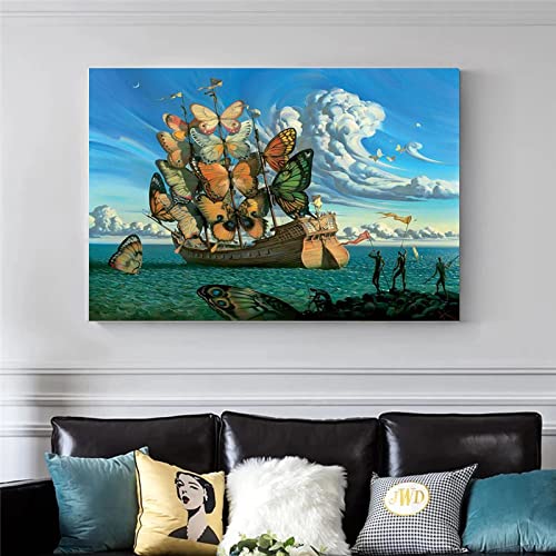 Xinmei Art Salvador Dali Schiff mit Schmetterling HD-Druck Leinwand Gemälde Poster und Drucke Wandkunst Bild für Wohnzimmer Wohnkultur 90 x 140 cm mit Rahmen von Xinmei Art