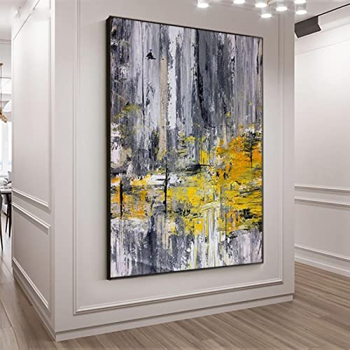 Xinmei Art Abstraktes Grau mit gelber Malerei, schwarz gerahmte Bilder, gemaltes Ölgemälde auf Leinwand, moderne Wandkunst für Heimdekoration, 50 x 80 cm (20 x 32 Zoll) mit schwarzem Rahmen von Xinmei Art