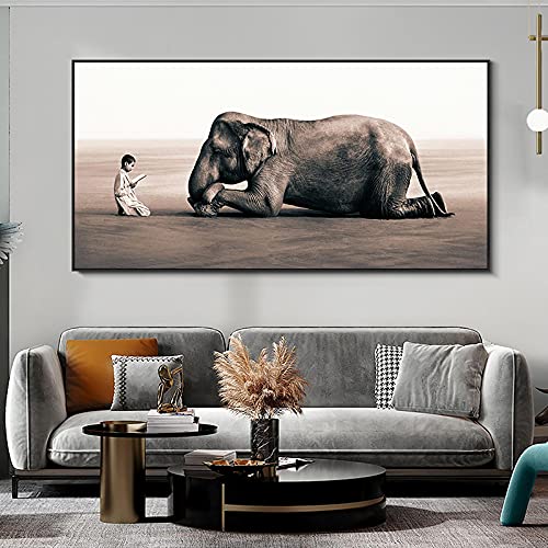 Xinmei Art Junge liest Elefanten Leinwand Gemälde Asche und Schnee Poster und Drucke Wandkunst Tiere Bilder für Wohnzimmer Dekor 80 x 165 cm (32 x 65 Zoll) ungerahmt von Xinmei Art