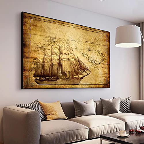 Xinmei Art Vintage European Segelboot Segelkarte Poster Antike Karte Fantasy Schiff Leinwand Malerei Wandkunst für Studie Wohnkultur 90x130cm (35x51in) Mit Rahmen von Xinmei Art