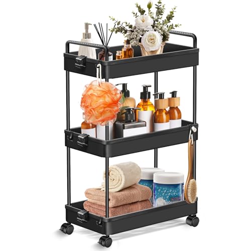 Xinng 3-Etagen Rollwagen, Schmaler Nischenwagen mit Rädern & Haken, Platzsparendes Küchenregal für Bad, Schlafzimmer, Büro – Schwarz Servierwagen mit Griffen,38.8x21.8x65cm Xinng 3-Etagen Rollwagen, Schmaler Nischenwagen mit Rädern & Haken, Platzsparendes Küchenregal für Bad, Schlafzimmer, Büro – Schwarz Servierwagen mit Griffen,38.8x21.8x65cm von Xinng
