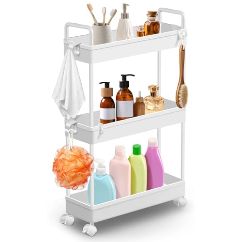 Xinng 3-Etagen Rollwagen, Schmaler Nischenwagen mit Rädern & Haken, Platzsparendes Küchenregal für Bad, Schlafzimmer, Büro – Weiß Servierwagen mit Griffen,38.8x12.5x65cm Xinng 3-Etagen Rollwagen, Schmaler Nischenwagen mit Rädern & Haken, Platzsparendes Küchenregal für Bad, Schlafzimmer, Büro – Weiß Servierwagen mit Griffen,38.8x12.5x65cm von Xinng