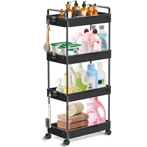 Xinng 4-Etagen Rollwagen, Schmaler Nischenwagen mit Rädern & Haken, Platzsparendes Küchenregal für Bad, Schlafzimmer, Büro – Schwarz Servierwagen mit Griffen,38.8x21.8x90cm Xinng 4-Etagen Rollwagen, Schmaler Nischenwagen mit Rädern & Haken, Platzsparendes Küchenregal für Bad, Schlafzimmer, Büro – Schwarz Servierwagen mit Griffen,38.8x21.8x90cm von Xinng
