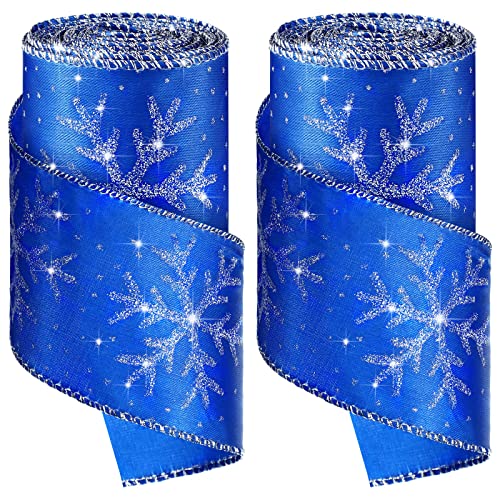 Weihnachts-Schneeflocken-Drahtband, 6.3 cmx12 Yard, 2 Rollen, Satin, glitzernde Schneeflocke, Drahtkante, Weihnachtsband für Baum, Geschenkverpackung, Heimdekorationen, DIY Handwerk (Blau, Silber) von Xinnun