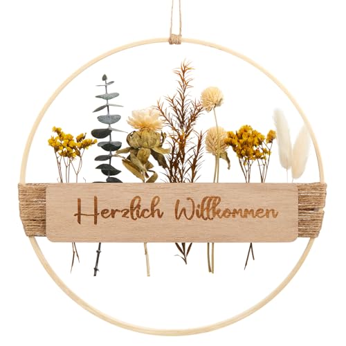 Xinnun Türkranz Trockenblumenkranz Herzlich Willkommen Schild Haustür Holz Türkranz Trockenblumen Herbst Boho Türdeko Ganzjährig Willkommensschild Naturtöne Hängedeko für Wand Fenster Deko 25cm von Xinnun
