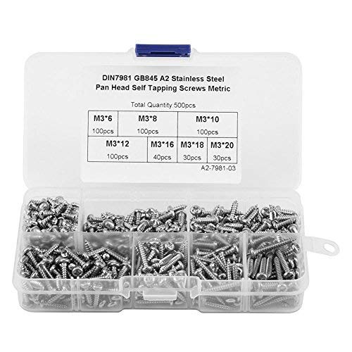 Akozon 500PCS M3 selbstschneidende Schraube, Kreuz Antriebsknopf Pan Kopf Rundkopfschrauben Verschluss Sortiment mit Kunststoff-Box(Silver) von Akozon