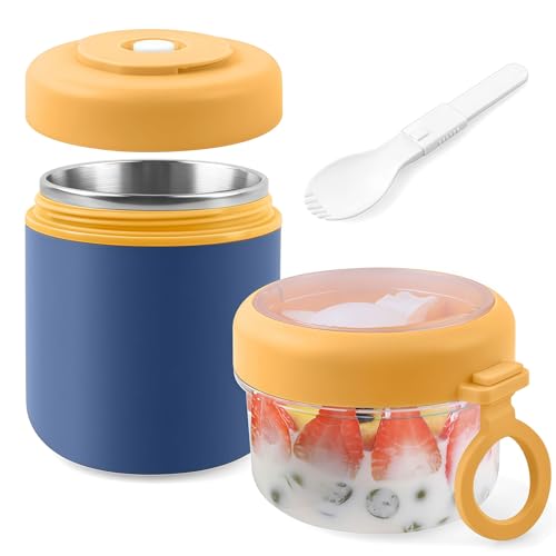 Xinsenke Müslibecher To Go mit Löffel, 2-in-1 Joghurtbecher 530ml+330ml, Tragbarer Auslaufsicherer Müsli Cup für Schule, Arbeit, Outdoor, Reisen (Blau) von Xinsenke