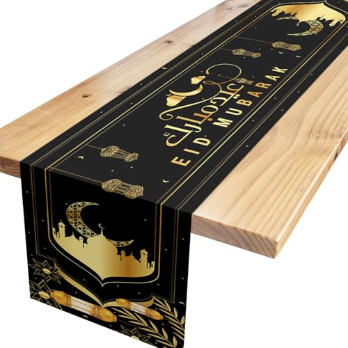 Eid Mubarak Tischläufer,Schwarz Gold Eid Mubarak Tischläufer Eid Mubarak Moschee Tischdecken Ramadan Tischdeko für Muslim Islamisch Party Dekoration 180 x 35cm von Xinvery