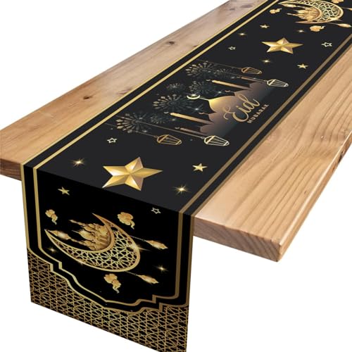 Eid Mubarak Tischläufer,Schwarz Gold Mond Stern Tischläufer Eid Mubarak Moschee Tischdecken Ramadan Tischdeko für Muslim Islamisch Party Dekoration 180 x 35cm von Xinvery
