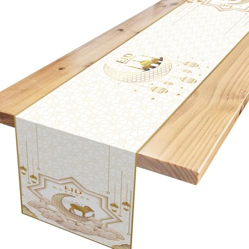 Weiß Gold Eid Mubarak Tischläufer,Eid Mubarak Tischdeko Moschee Tischläufer Tischdekoration Ramadan Mubarak Tischdeko für Muslim Islamisch Party Dekoration 180 x 35cm von Xinvery