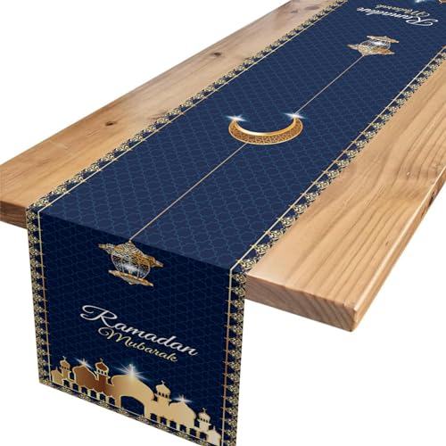 Ramadan Mubarak Tischläufer,Blau Mond Tischdekoration Moschee Tischläufer Ramadan Mubarak Deko für Muslim Islamisch Zuhause Esszimmer Party Dekoration 180 x 35cm von Xinvery