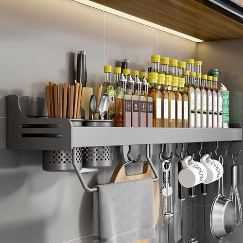 Xinwanhong Gewürzregal Wand aus Metall, Gewürzregale Ohne Bohren mit Handtuchhalter und 10 Haken, Gewürzregal Hängend, Spice Rack Bietet Platz für Messer, Essstäbchen und Löffel, Grau, 60cm von Xinwanhong