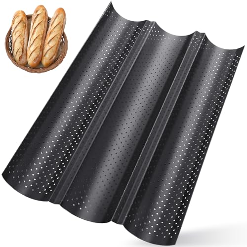 2er Baguette Backform mit Antihaftbeschichtung, Karbonstahl Brot Backen Zubehör, 38 x24.5 cm Baguette-Backblech, Baguetteblech für 3 Baguettes, Baguetteform für Bäckereien & Hausgebrauch (Schwarz) von Xinxinphi