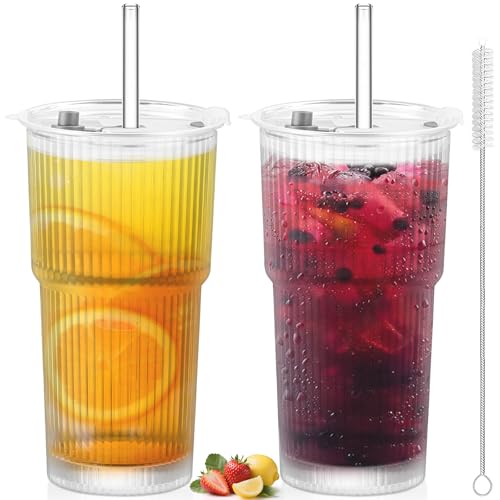 Xinxinphi 2 Stück 600ml Gerippte Glasbecher mit Deckel & Strohhalm, Luftdichtes Wasserdichtes Design Trinkbecher Set, Glas Smoothie Becher, Eiskaffee Gläser für Cappuccino, Matcha, Kaffee, Tee, Latte Xinxinphi 2 Stück 600ml Gerippte Glasbecher mit Deckel & Strohhalm, Luftdichtes Wasserdichtes Design Trinkbecher Set, Glas Smoothie Becher, Eiskaffee Gläser für Cappuccino, Matcha, Kaffee, Tee, Latte von Xinxinphi